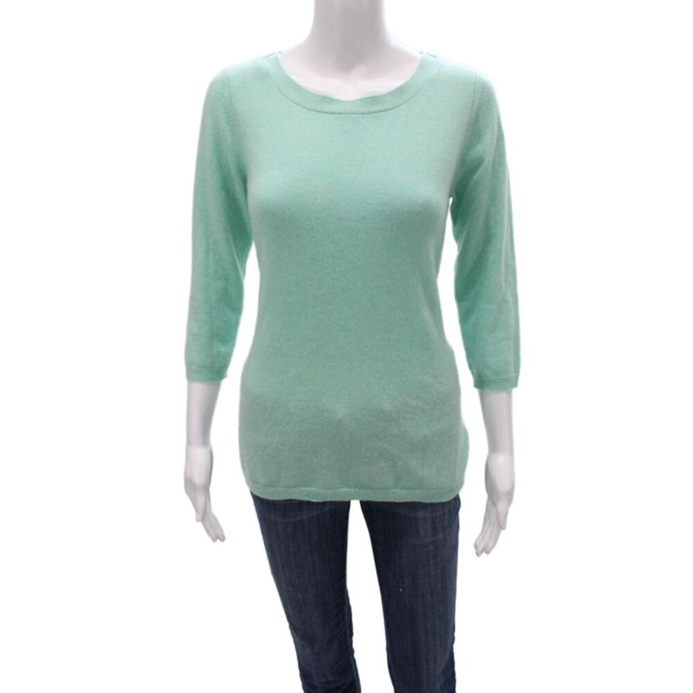 Kinross Cashmere Women Pullover Sweater Green Boat Neck 3/4 Sleeve Size S